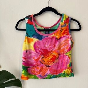 Boston Proper Bright Pink Floral Tank Top with Multicolor Accents